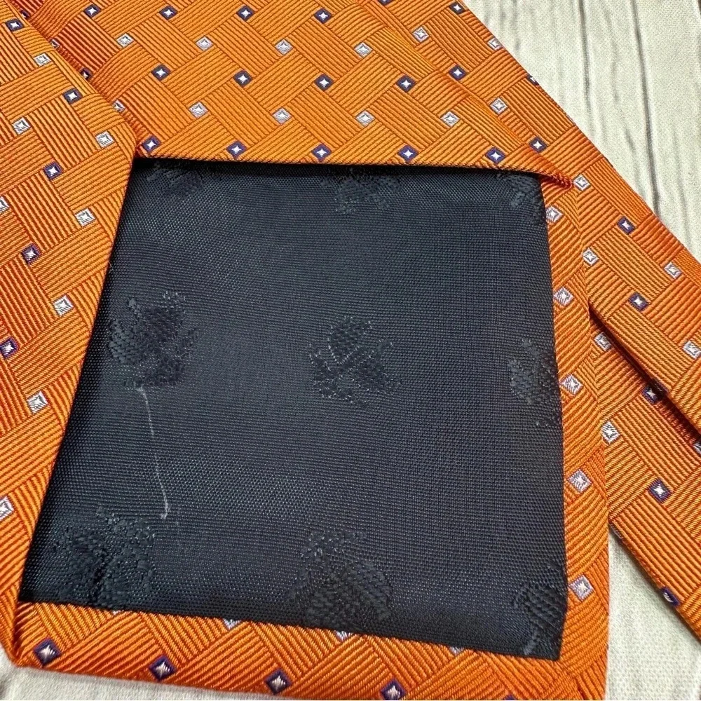 brooks brothers 346 silk tie orange navy basket weave pattern preppy business